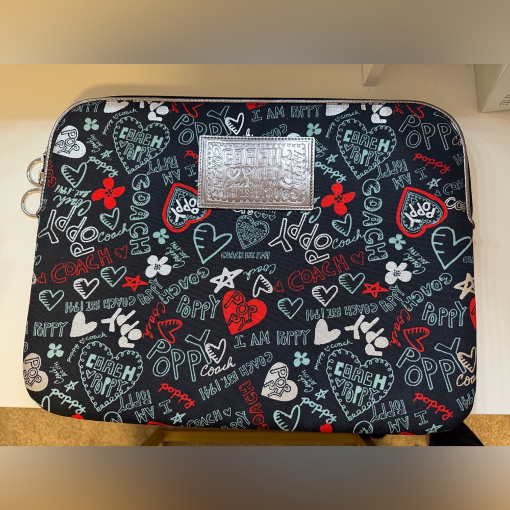 Coach Black Laptop Sleeve with Red, White & Light Blue Doodle Print